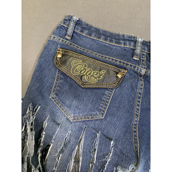 COOGI Frayed Fringe Embroidered Cut-off Jeans Leather Patchwork Y2K Grunge - Picture 11 of 15